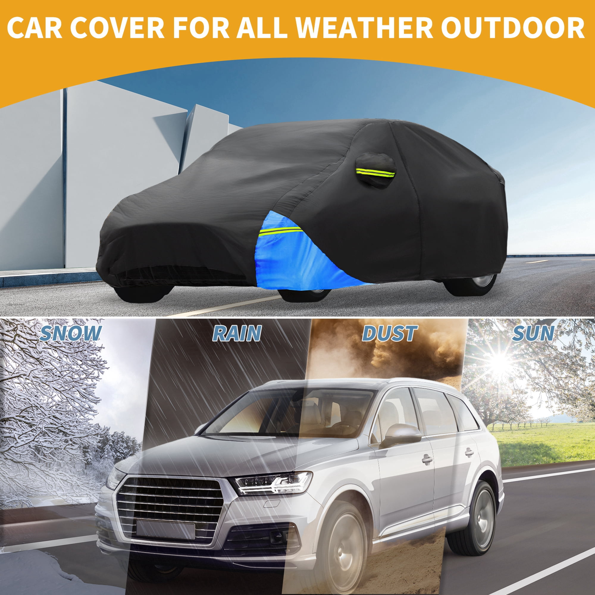Unique Bargains Full Car Cover 210D Oxford Black Blue 190.94"x75.59"x57.09"
