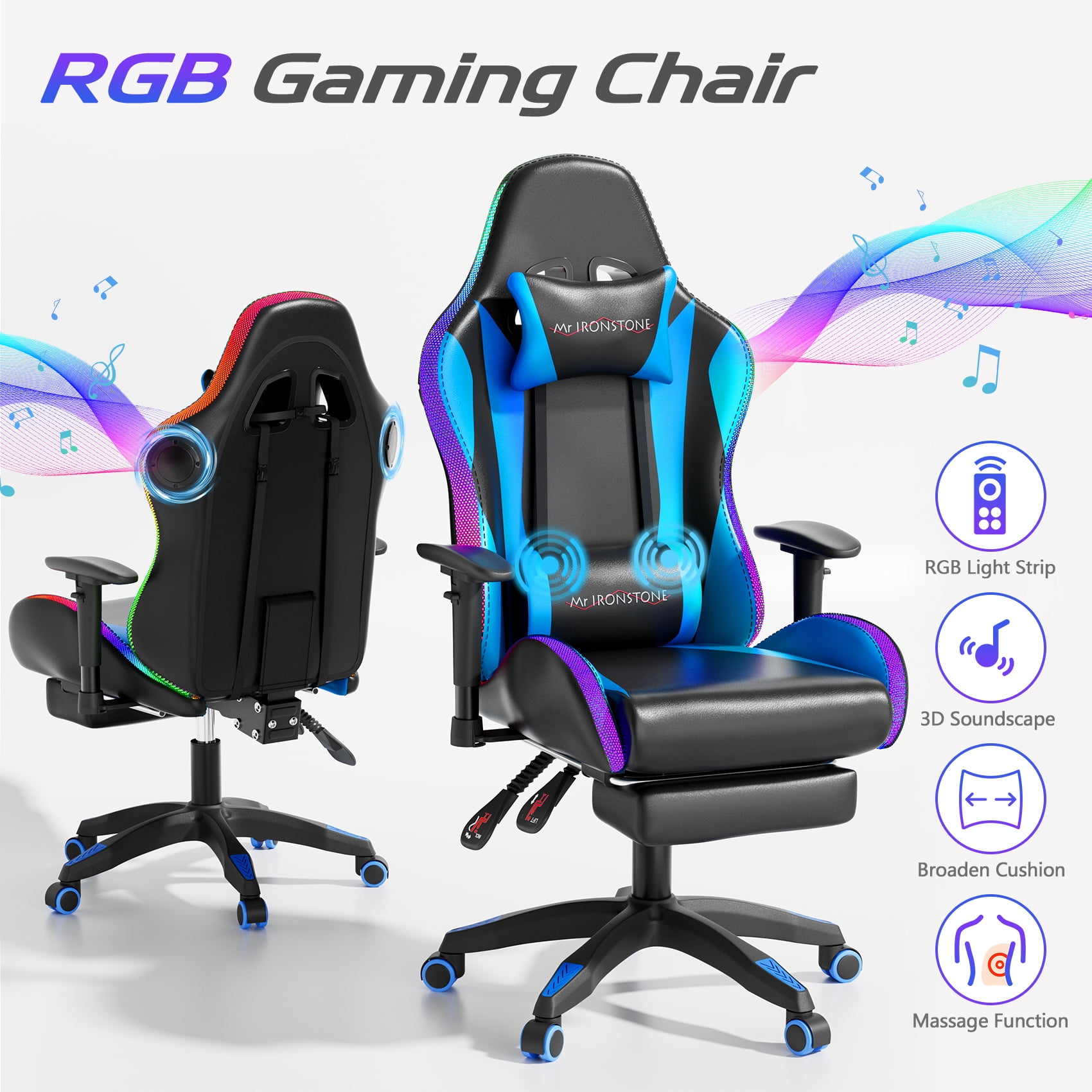 Mr IRONSTONE Gaming Chair with Bluetooth Speakers and RGB LED Lights, Ergonomic Massage Computer Chair with 3D Armrests and Footrest, Blue/Black