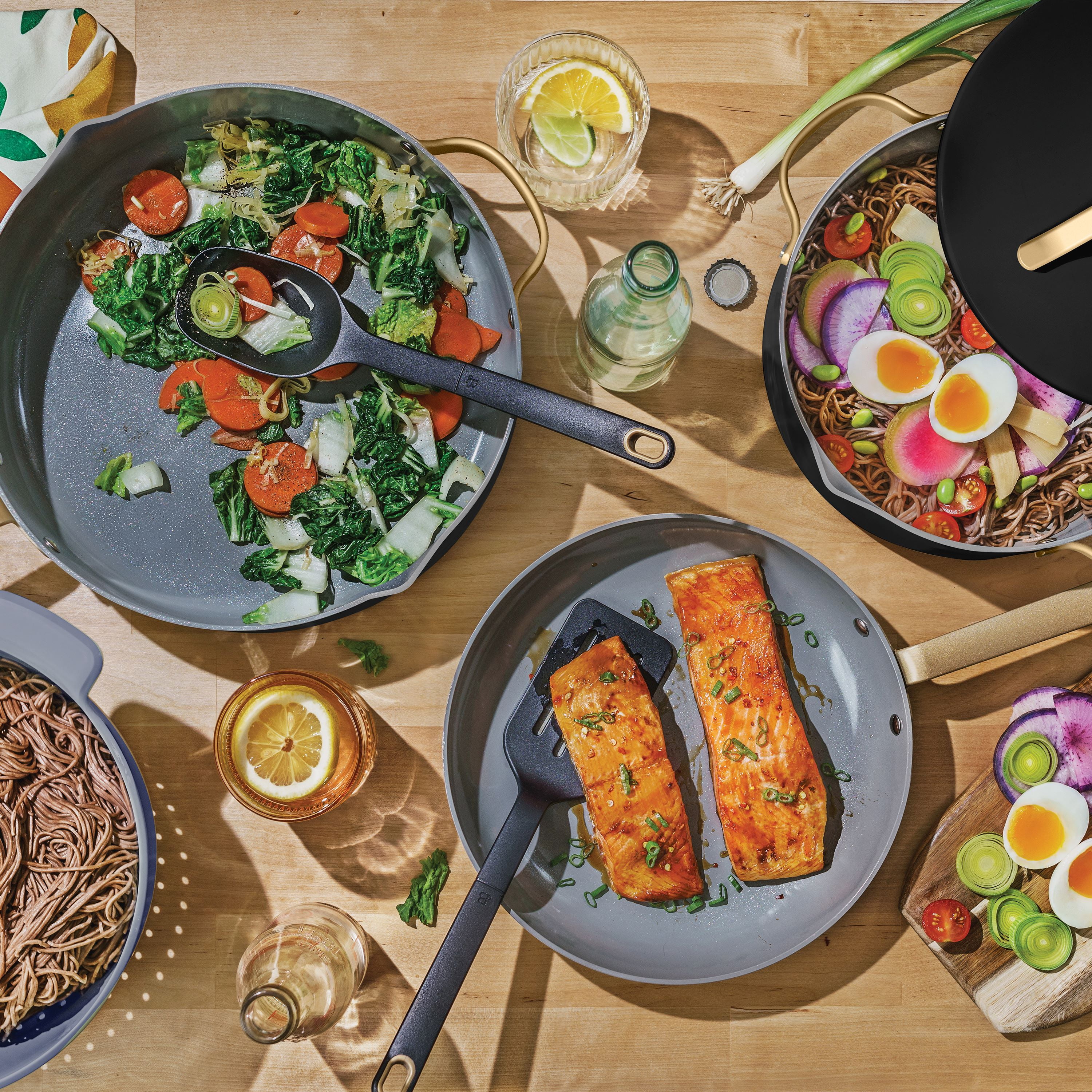 Beautiful 12-Piece Ceramic Nonstick Cookware Set, Pots and Pans with Strainer Lids, Black Sesame by Drew Barrymore
