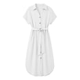 thumbnail image 4 of Vivianyo HD Women's Collar Full Button Belted Shirt Midi Dress, Solid Short Sleeve Self Tie Waist Split Hem Dresses for Women Summer Beach, Women's White, Sizes S-3XL, 4 of 8