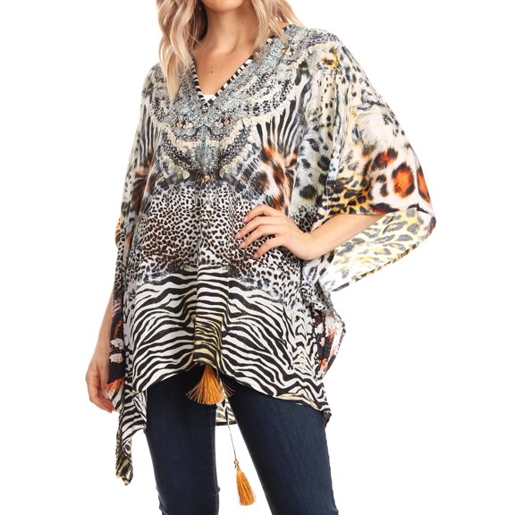 Sakkas Danis Women's Oversized Casual Pullover V-neck Short Sleeve Boho Top Blouse - TGW242-Multi - One Size