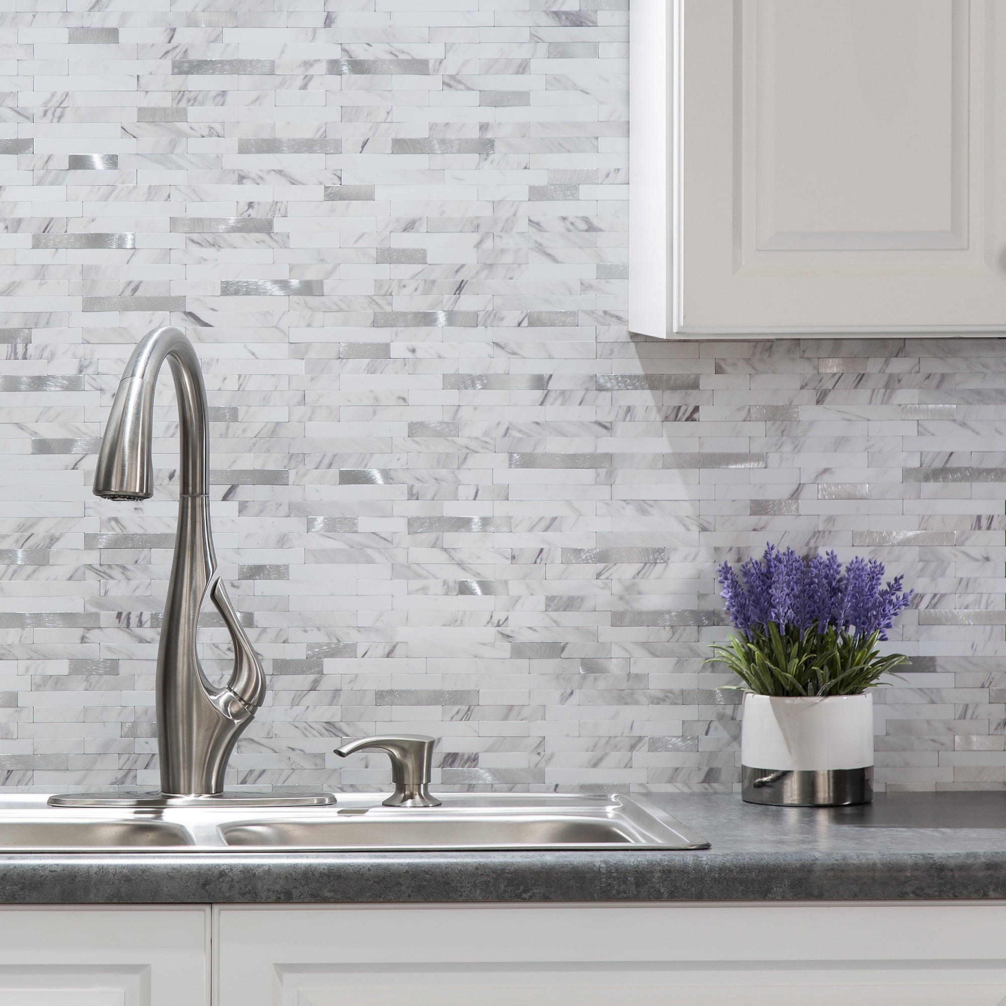 Aspect Collage 12in x 5.8in Peel and Stick Backsplash in Marble Shine (2pc per pack/5-Pack)