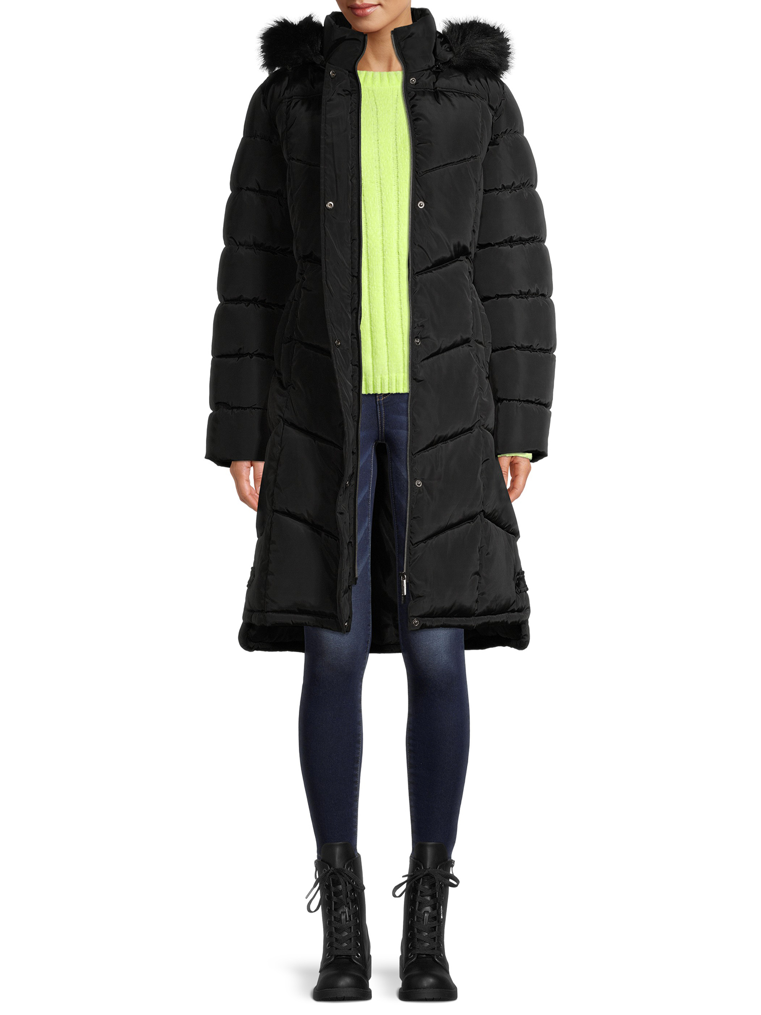 Big Chill Women's Maxi Chevron Puffer Coat with Faux Fur Trim Hood - image 3 of 6
