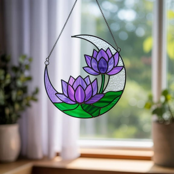 Purple Lotus Acrylic Suncatcher Moon Flower Stained-Glass Style Window Hanging, Garden Ornament, Christmas Tree Decor