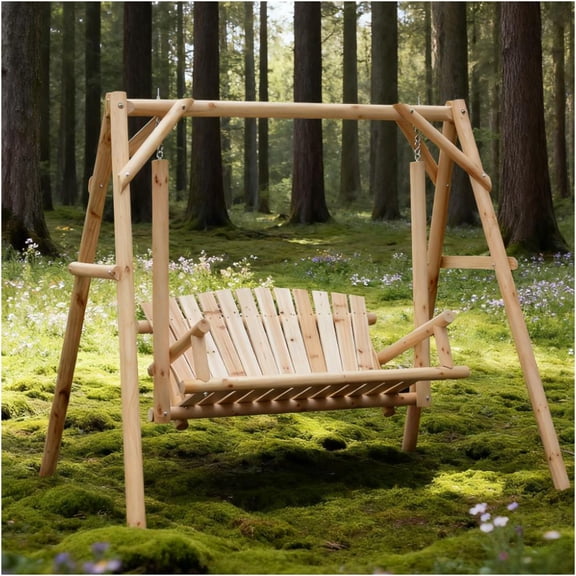 JERFIT 2-Person Solid Wood Porch Swing with A-Frame Stand, Natural Pine Outdoor Loveseat Bench for Garden, Patio, Backyard