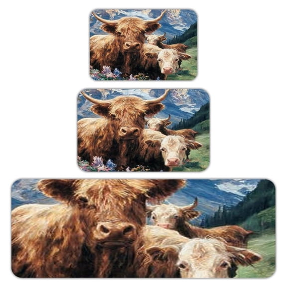 RKSupls Kitchen Rug Set 3 Piece Anti-Slip Flannel Floor Mats, Highland Cattle Mountains Washable Absorbent Runner Mats for Kitchen Bathroom Home Decor