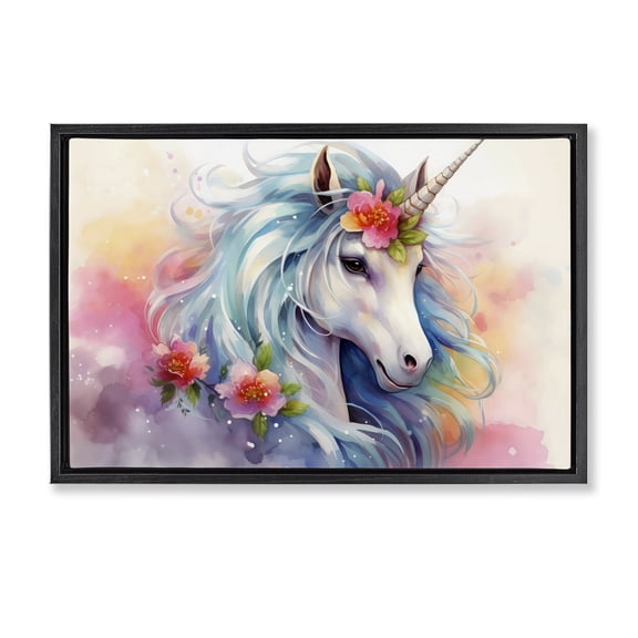 Stupell Industries Magical Unicorn with Blossoms Black Framed Floater Canvas Wall Art, design by Creative Studio