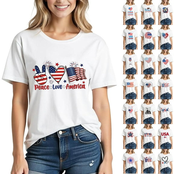 Axiiglly T Shirts for Women Patriotic Crew Neck Cotton Shirts Casual 4th of July Graphic Tee Flag Print T-Shirt Independence Day Short Sleeve Tops