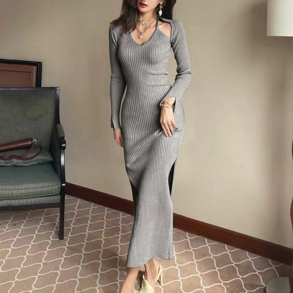 Womens Fall 2 Piece Outfits Bodycon Spaghetti Strap Sweater Dress And Long Sleeve Cropped Cardigan Knit Sets Dress Women Casual Summer plus Size for Women Casual Summer Skater Dress for Women Dress