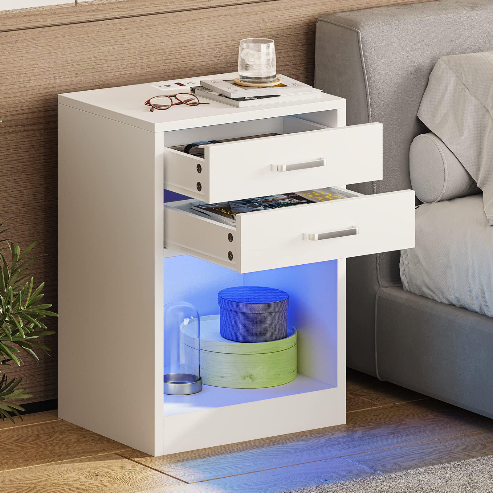 Nightstand with Charging Station and LED Lights,White Bedside Table with Power Outlets & Drawers,Modern End Side Table Set of 2 for Bedrooms