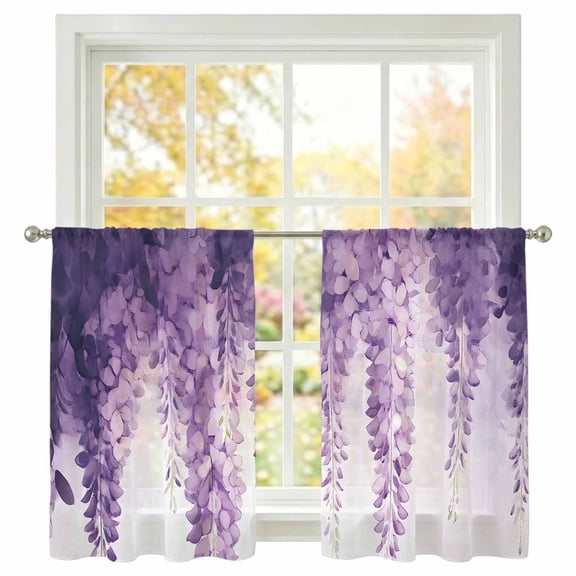 Pastoral Floral Sheer Curtains 45 inches Long, Spring Purple Flowers Light Filtering Sheer Window Curtains Rod Pocket Voile Drapes for Bedroom Living Room, 2 Panels