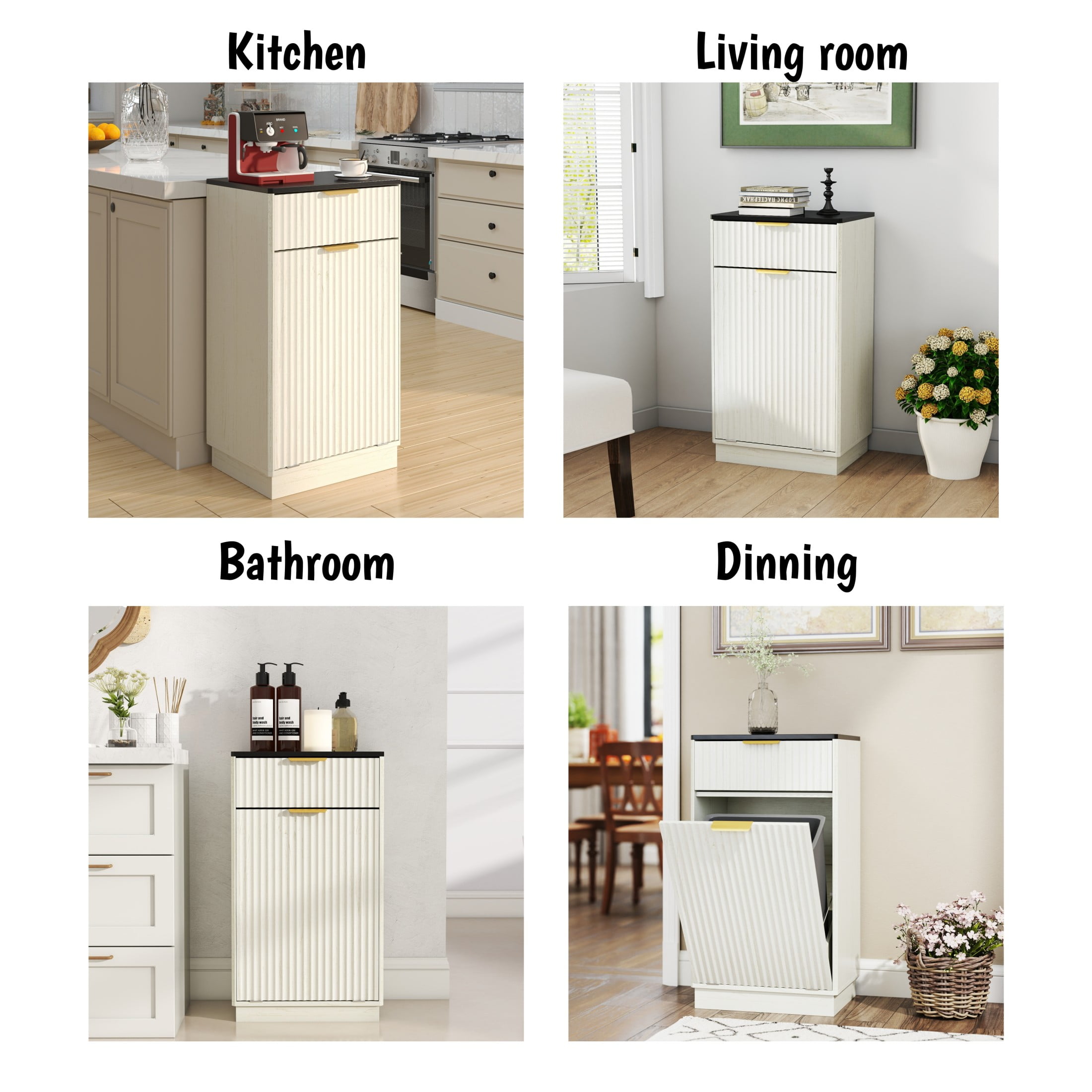 Noble House Great 10-Gallon Tilt-Out Trash Can Cabinet, Woodgrain Hidden Bin with Drawer for Kitchen, Bathroom, White & Black