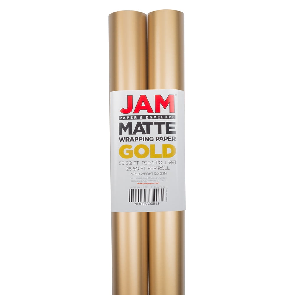 JAM Gift Wrap, Matte Wrapping Paper, 25 Sq Ft, Matte Gold Foil, 2/Pack