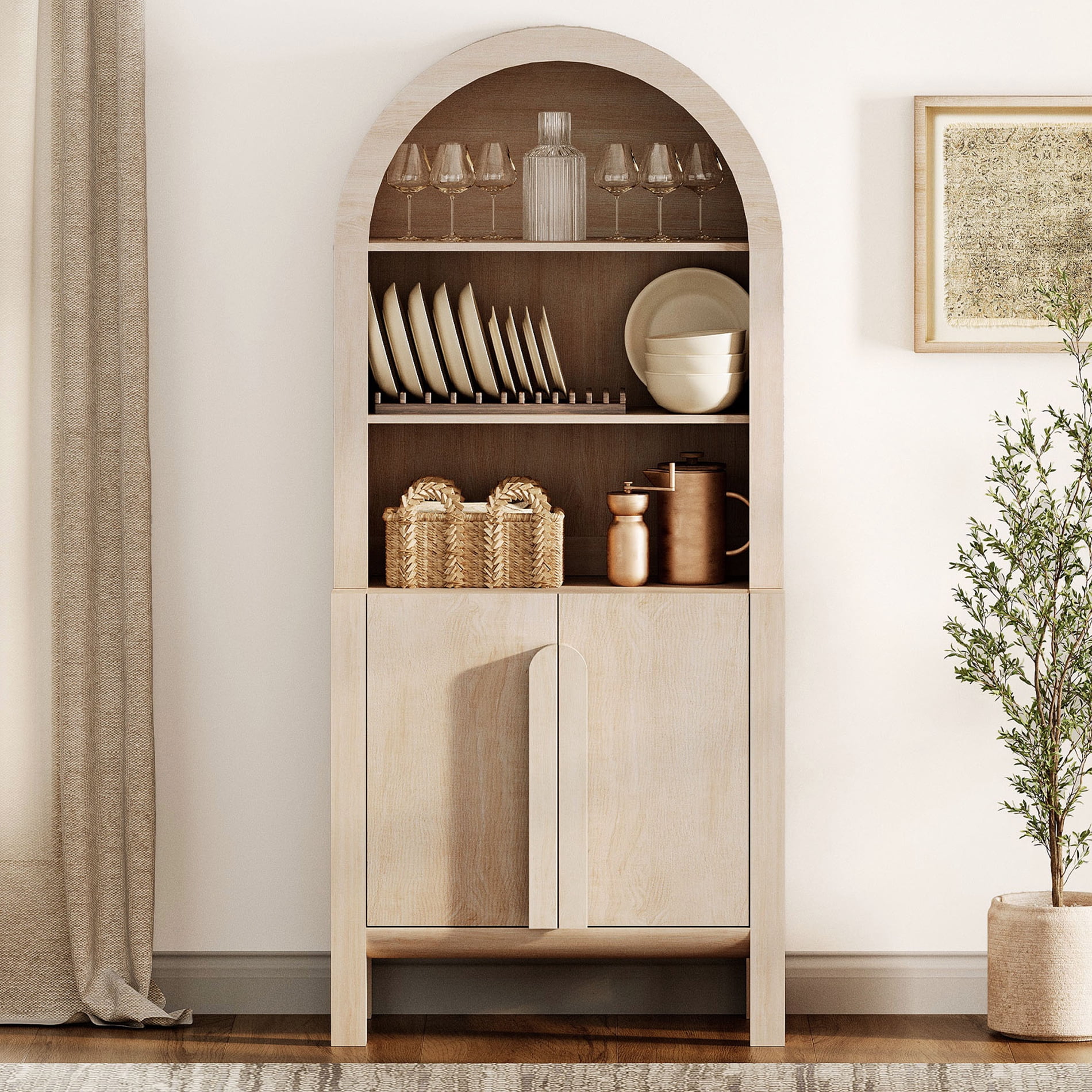 31.5"W Arched Kitchen Hutch Sideboard, Mid-Century Modern Buffet Hutch Cabinet with 2 Wooden Doors And 3 Tier Shelves