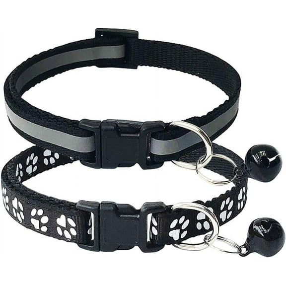 2Pcs Footprint & Reflective Cat Collar with Bell Basic Dog Cat Collar Buckle Adjustable Polyester Cat Dog Collar