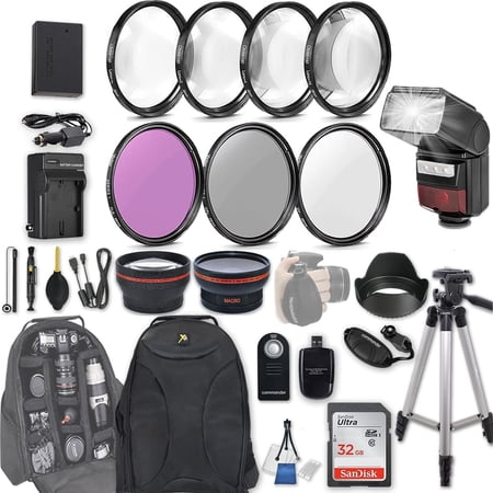 58mm 28 Pc Accessory Kit for Canon EOS Rebel SL2  200D DSLR with 0.43x Wide Angle Lens  2.2X Telephoto Lens  LED-Flash  32GB SD  Filter & Macro Kits  Backpack Case  and More