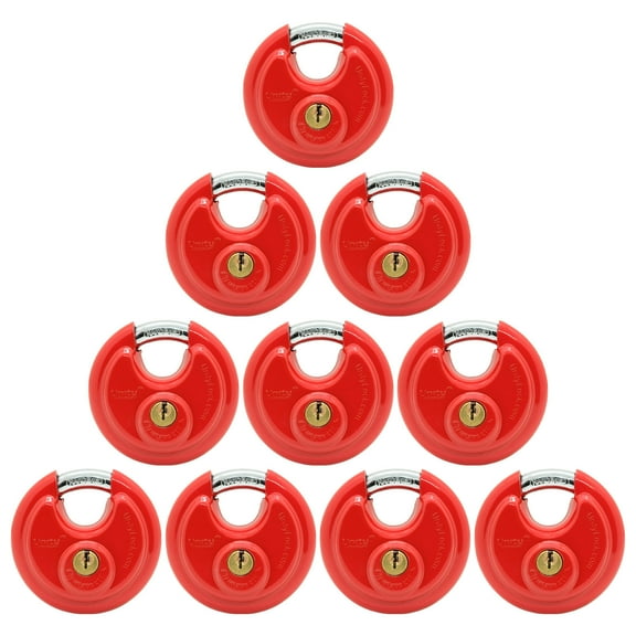 Unity Same Keyed RED Disc Padlock 2-3/4" (70mm) Keyed Alike Standard self Storage Management Lock Truck, Trailer, Warehouse, Van(10 Pack)