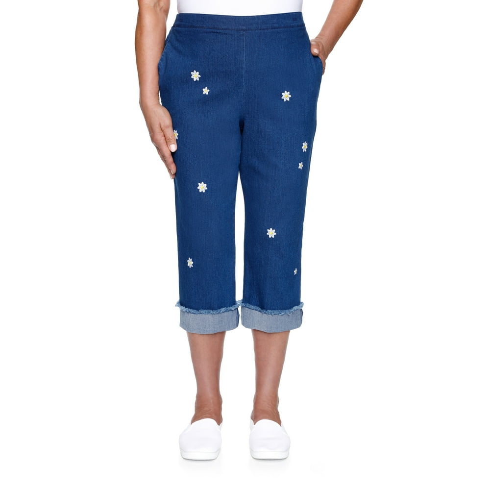 Alfred Dunner - Alfred Dunner Womens Women'S Women'S Daisy Embroidered Denim Capri With Fringe