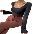 thumbnail image 4 of Women Solid Color Ribbed Square Neck Lettuce Hem Show Navel T-Shirts Spring Autumn Flare Long Sleeve Slim Crop Tops Black M, 4 of 6