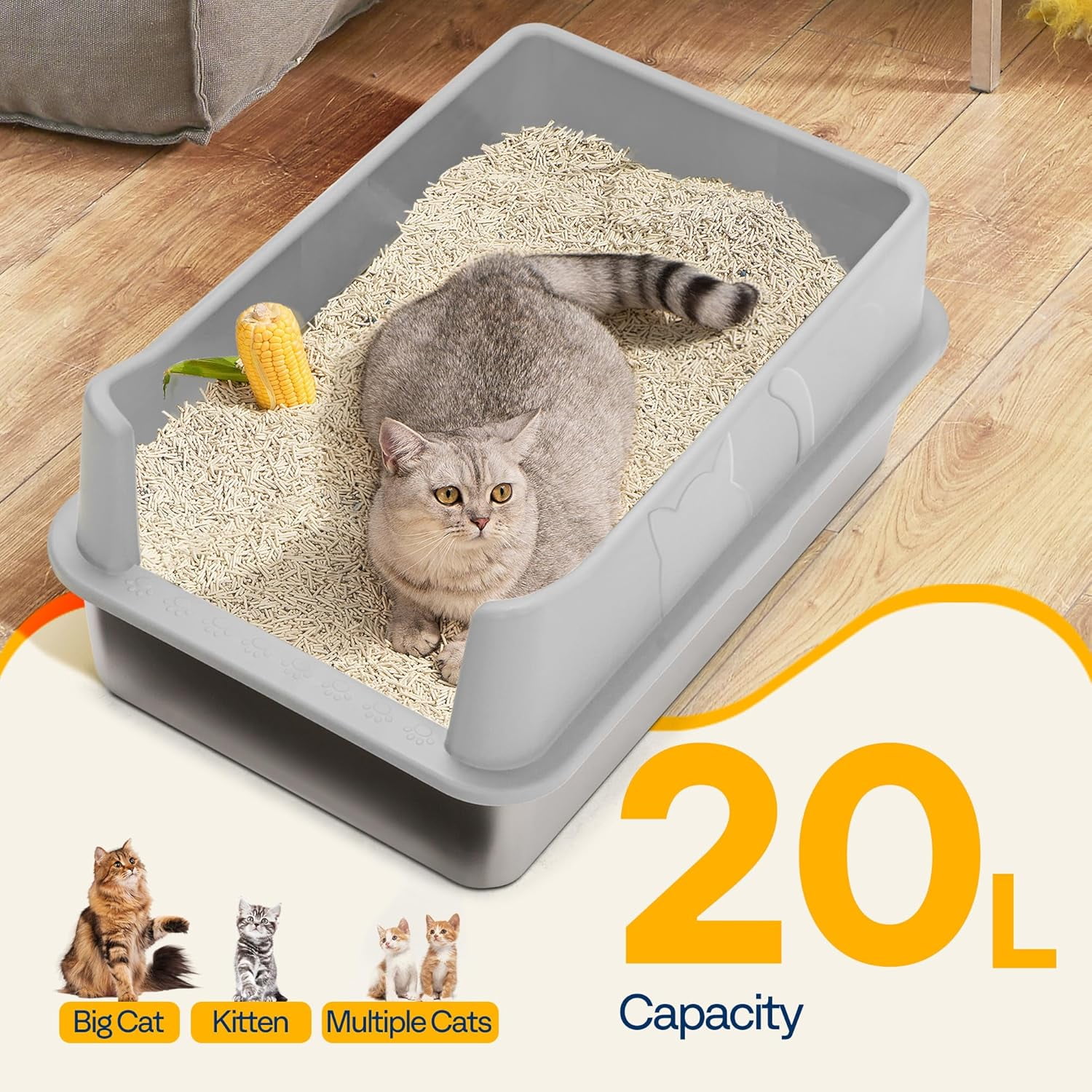 SPECSTAR Extra Large Stainless Steel Cat Litter Box, 23.6"x15.7" with Double Layer Litter Mat and Scoop, Light Gray
