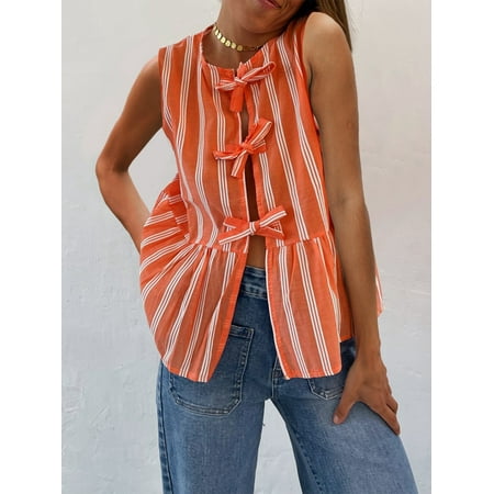 Tie Front Sleeveless Tank Top for Women 2024 Summer Ruffled Hem Stripe Lace Up Vest Open Front Babydoll Vest Tops Streetwear