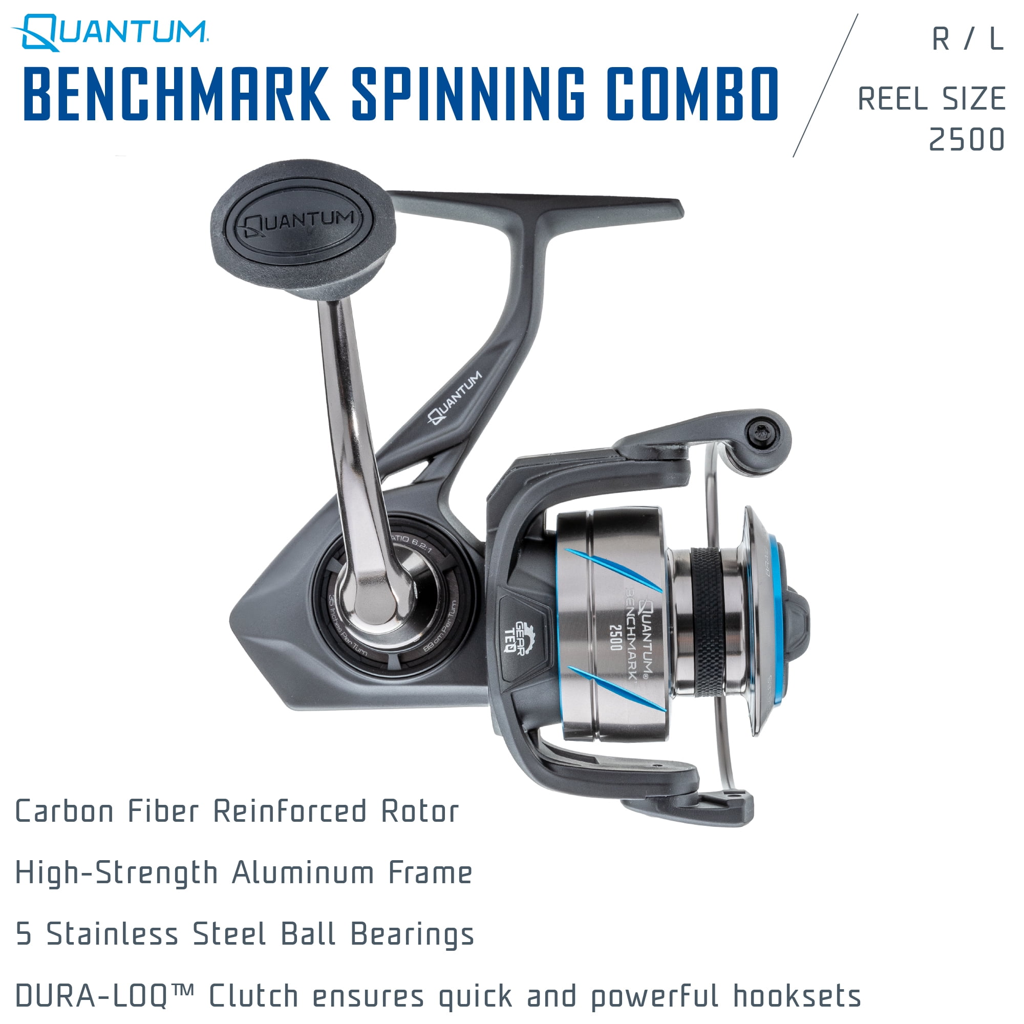 Quantum Benchmark Spinning Reel and Fishing Rod Combo, 7-Foot, 1-Piece, Light Power, Fast Action Rod, Graphite Composite Blank, Size 2500 Reel, 5+1 Bearings, 6.2:1 Gear Ratio, Silver/Blue