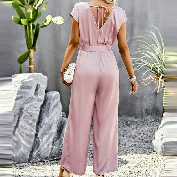 SMihono Linen Pants Women Fashion Plus Size Casual Loose Women's Fashion  Casual Spring And Summer Solid Color V-Neck Short Sleeve Jumpsuit Wide Leg  Pants Women, Up to 65% off! 