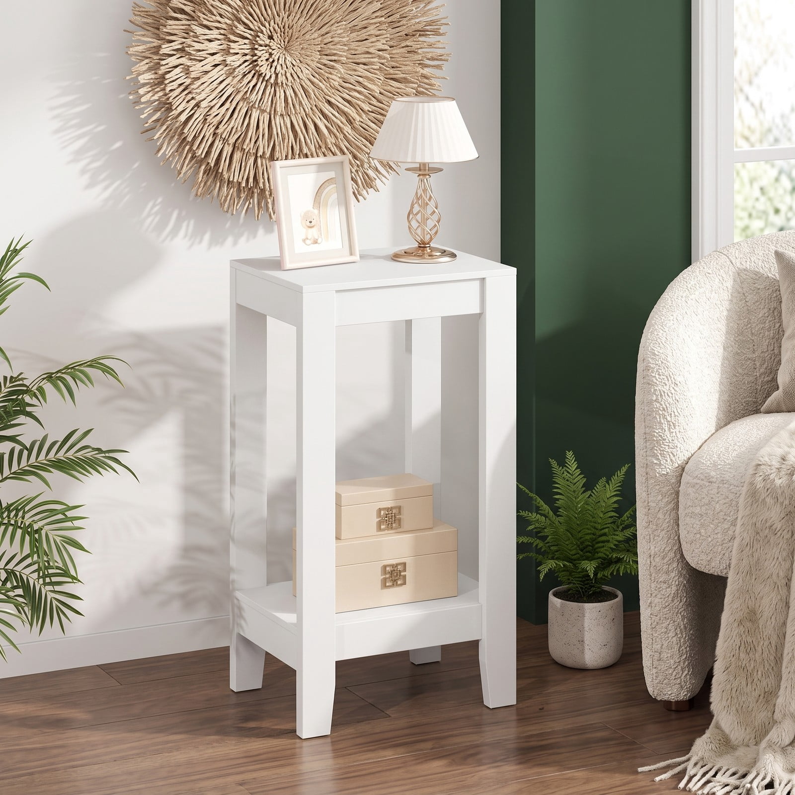 Furnibear 2-Tier Nightstand End Side Table with Wooden Legs and Storage Shelf for Bedroom Living Room Sofa Side, Anti-Toppling Narrow Bedside Accent Table, White