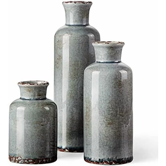 - Ceramic Rustic Vintage Blue Vase, Suitable for Home Decoration, 3 Piece Set of Glazed Decorative Vases, Kitchen, Bedroom.Living Room Table,Shelf Decorations.