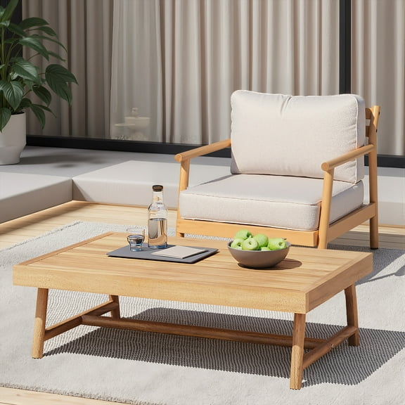 Christopher Knight Home 2-Piece Outdoor Wood Patio Furniture Set, Lounge Chair and Coffee Table, Beige Cushions, Teak Finish