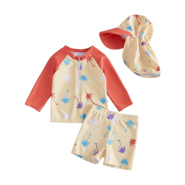 AWZXDE Toddler Baby Boys Cartoon 3 Piece Swimsuit Set Long Sleeve Shirt And Trunks Rash Guard With Hat For Beach Red
