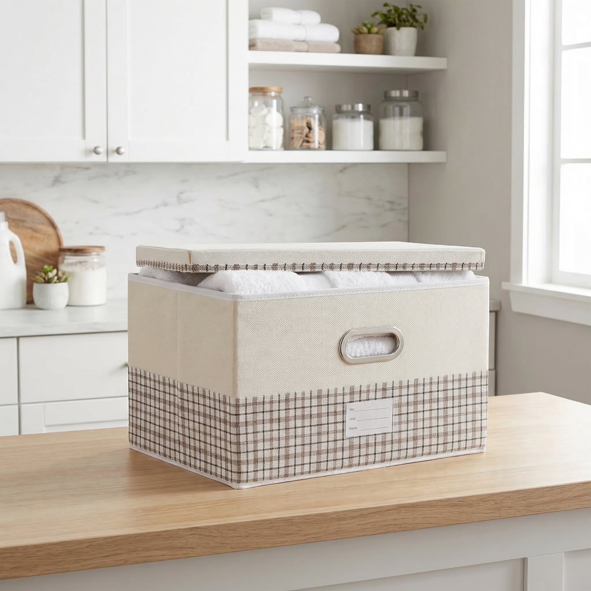 Unique Bargains Storage Cube Fabric Storage Bin with Handles Beige 15*9.8*8.3in