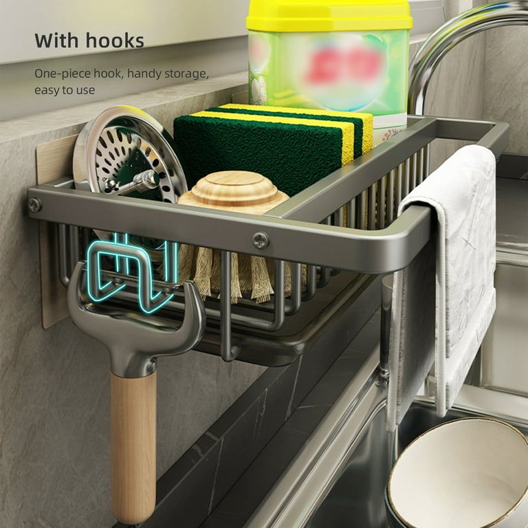 1pc Kitchen Sink Caddy, Sponge Holder, Sink Organizer Rack With Rag Rod,  Sink Storage Rack With Tray Drainer, Soap Dish Dispenser, Brush Holder,  Count