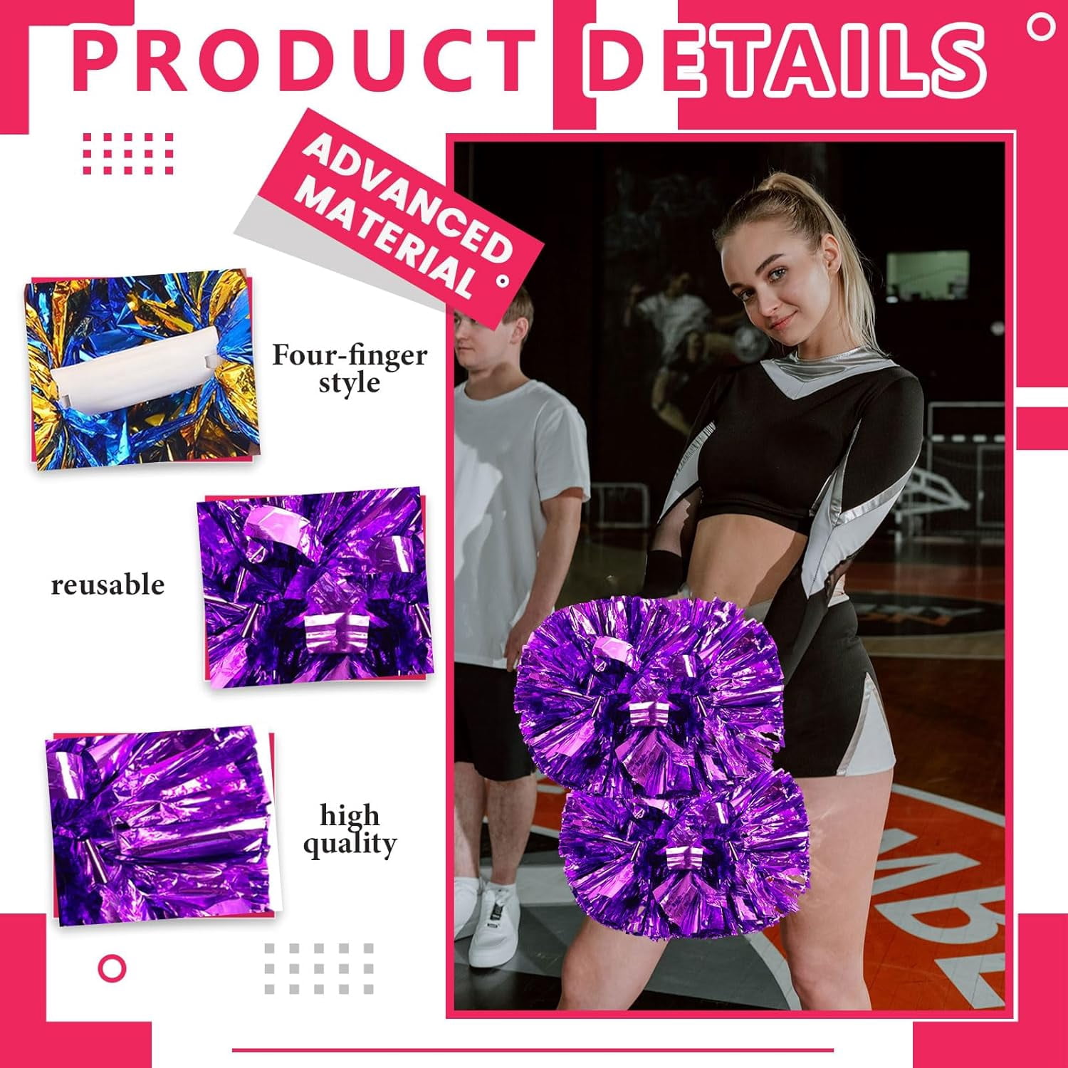 24 PCS pom poms Cheerleading,13.8inch Sports Team Spirits Cheering Squad Dance Training with Handle