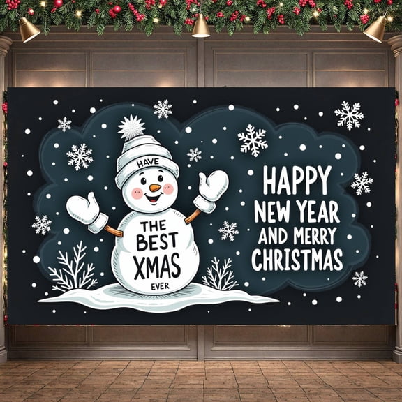 Snowman Christmas Banner Snowflakes New Year Backdrop Cartoon Festive Winter Display for Holiday Party Christmas Celebration Indoor Decoration