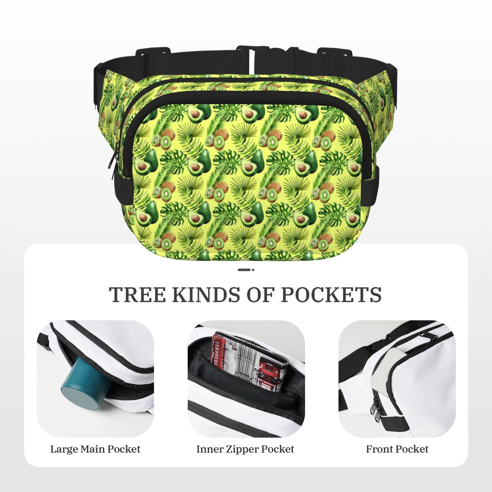 Picia Kiwi and Avocado Print Square Double-Layer Waist Bag Mini Adjustable Waist Belt Bag Exercise Running Travel Hiking