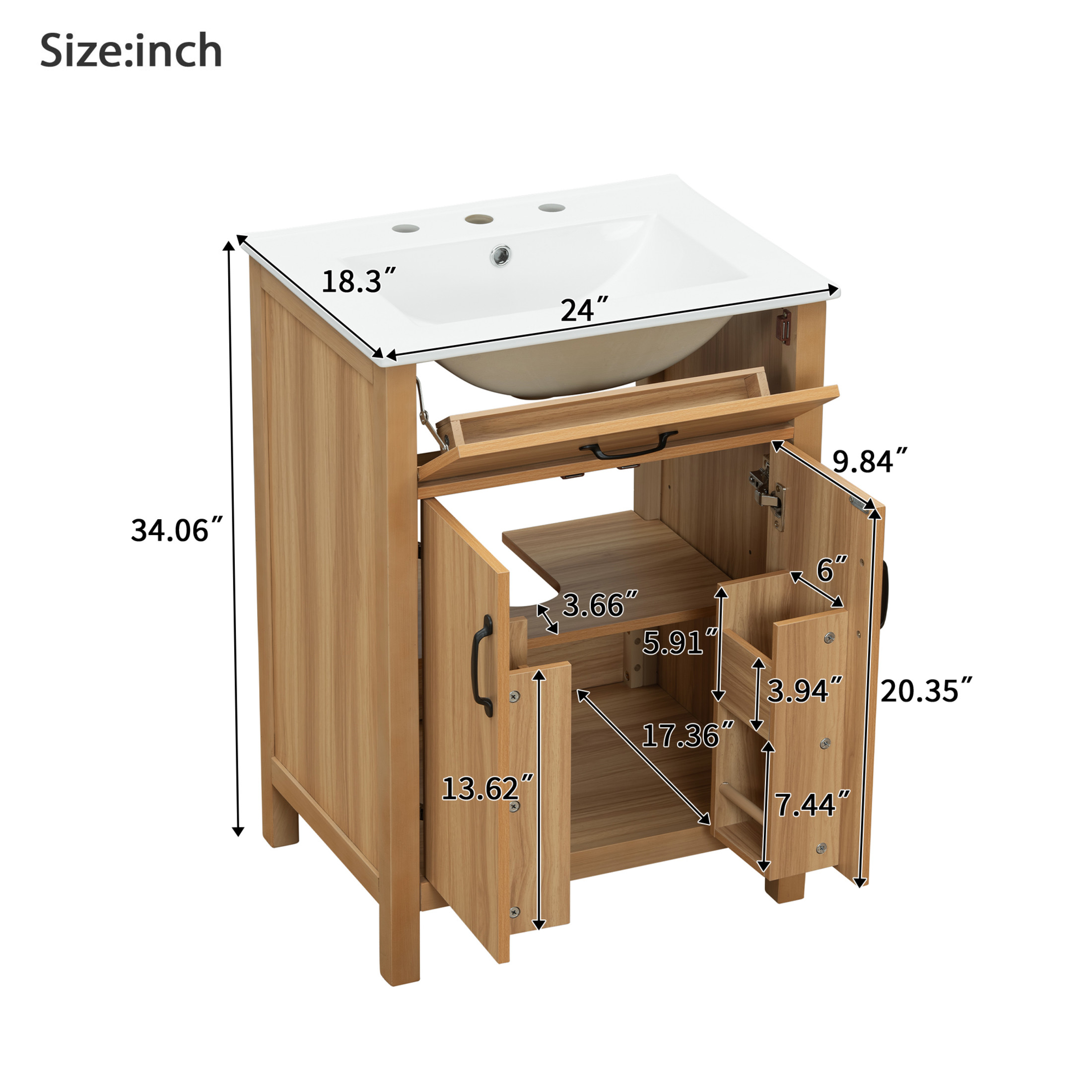 Noble House 24" Bathroom Vanity with Ceramic Sink, Flip Drawer, Soft Close Doors, Adjustable Shelf, Wood Finish