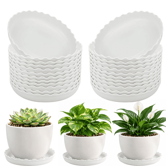 Mioerouu 24-Pack 4-Inch Wave Plant Saucers, Heavy Duty Plastic Flower Pot Trays for Indoor & Outdoor Use, Durable White Drip Catchers for Desk, Home, and Garden