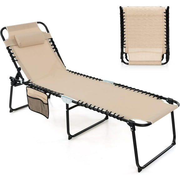 VibrantEcho Lounge Chair Outdoor, Folding 5-Postion Beach Lounge Chair with Detachable Pillow, Side Pocket, Sunbathing Lounge Chair, Adjustable Tanning Chair for Patio Lawn Pool Yard,Beige