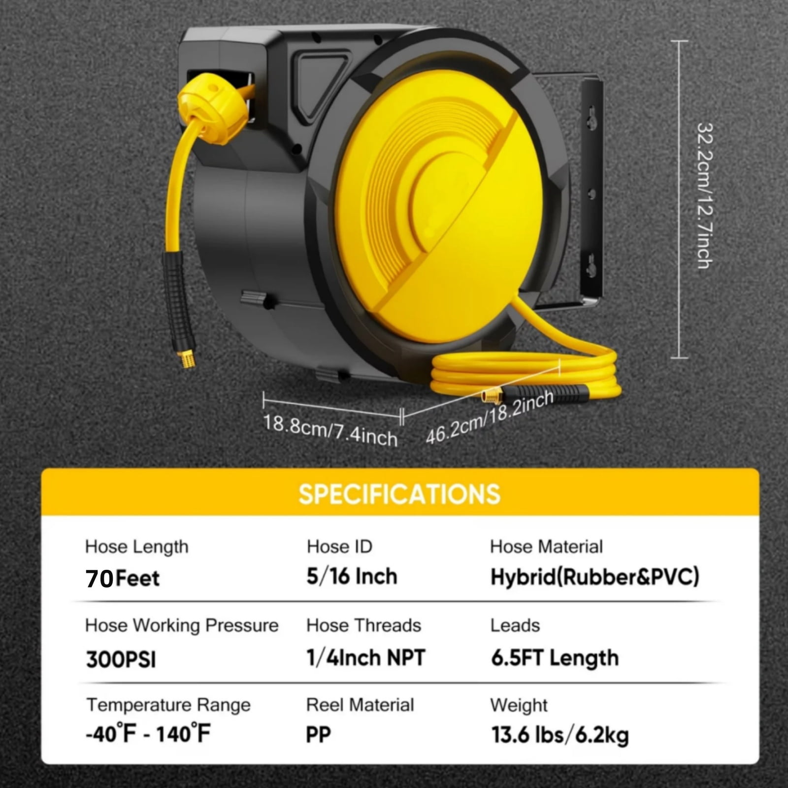 Dkenicor 70ft Retractable Air Hose Reel,5/16" 300 PSI Heavy Duty with 180° Swivel & Lock,6.5ft Lead-in Hose for Garage Workshop,Yellow