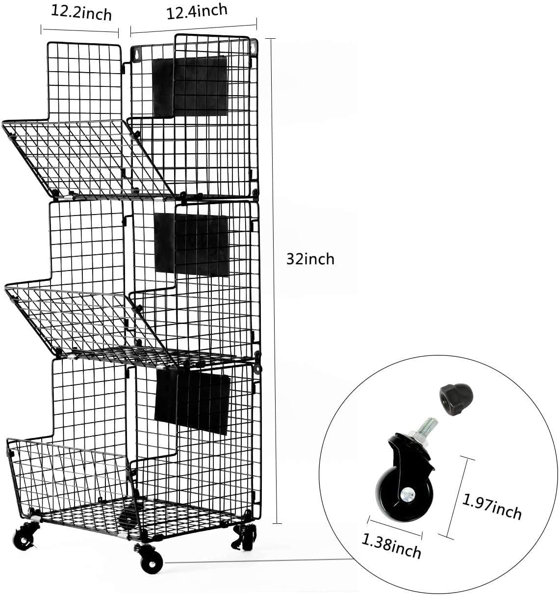 X-COSRACK 3-Tier Rolling Fruit Basket, All-Metal Stackable Produce Storage Cart, Wall Mounted Vegetable Organizer Bin, Black