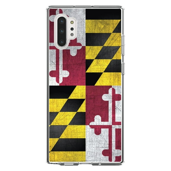 DistinctInk Clear Shockproof Hybrid Case for Galaxy Note 10 PLUS (6.8" Screen) - TPU Bumper, Acrylic Back, Tempered Glass Screen Protector - Old Weather Maryland Flag - Maryland