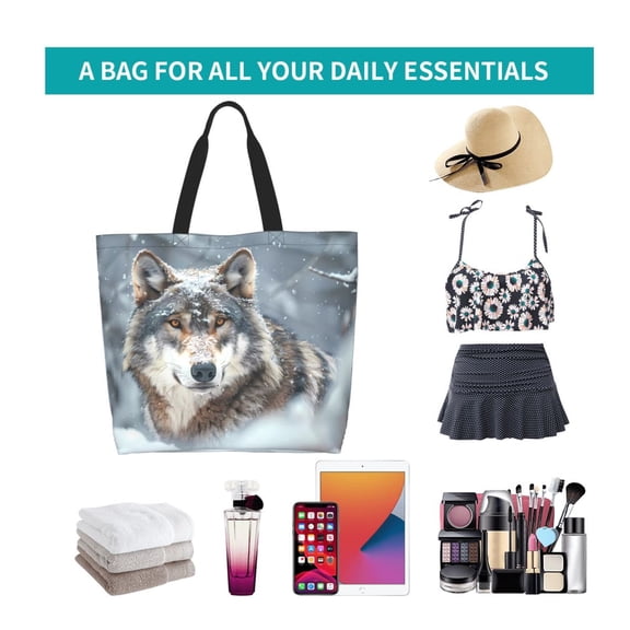 Lafuoo Majestic Snowy Wolf Pattern Single-Shoulder Shopping Bag, Hand-Held Storage Bag Suitable for Work and School, Unisex-One Size