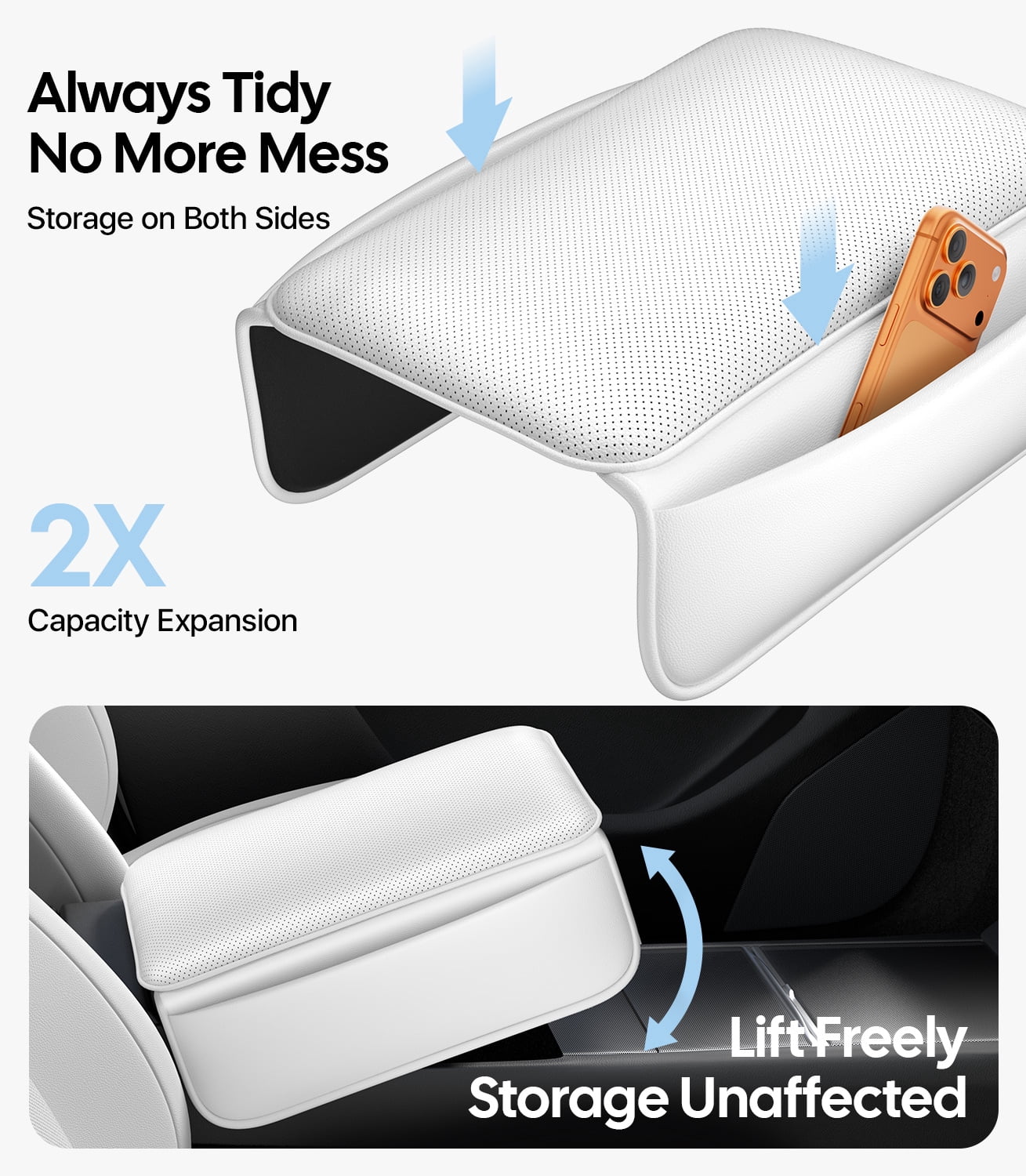 Wigoo Center Console Lid Cover for Tesla Model Y Juniper 2025-2026 & Model 3 Highland 2024-2026 (Standard, Premium & Performance), [Soft Support] Nappa Leather Armrest Protector Cover, White