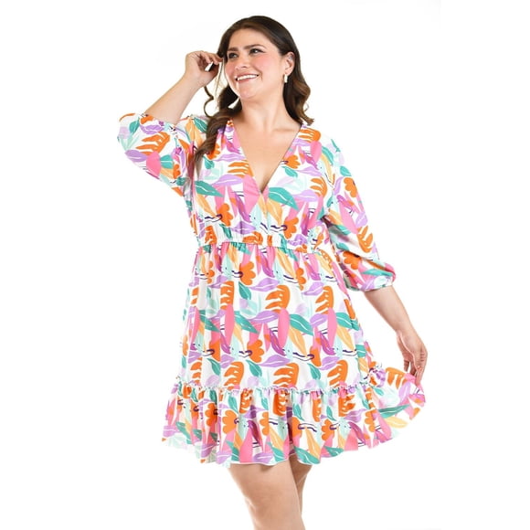 Vestido con olán Roman Fashion Tallas Extras 4284 Blanco flor 38