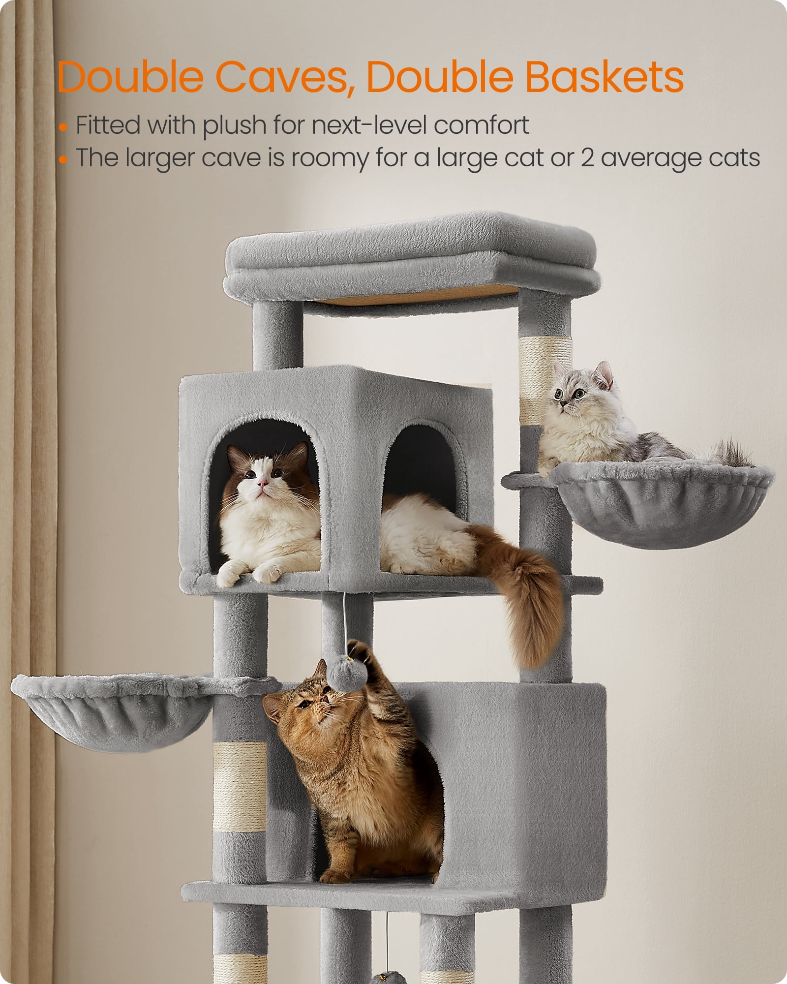 69 Inch Tall Cat Tree Tower for Indoor Cats, Multi-Level Cat Condo with 2 Caves, 2 Baskets, 5 Scratching Posts, Self-Groomer, Perch, and Hammock, Dove Gray
