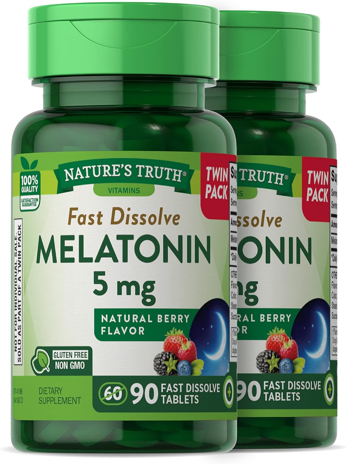 Melatonin 5 mg | 180 Fast Dissolve Tablets (2 X 90 Twin Pack) | Nighttime Sleep Aid | Berry Flavor | by Nature's Truth