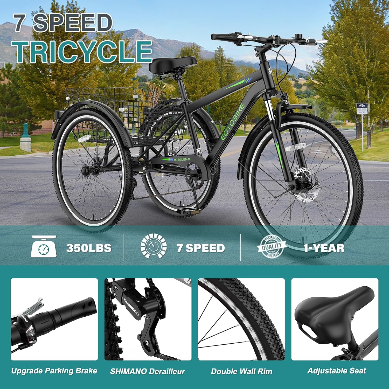 Lilypelle Mountain Tricycle for Adults, MTB 7 Speed Three Wheel Bike, 24/26/27.5 Inch Adults Trikes w/ Disc Brake & Cargo Basket for Women, Men, Seniors