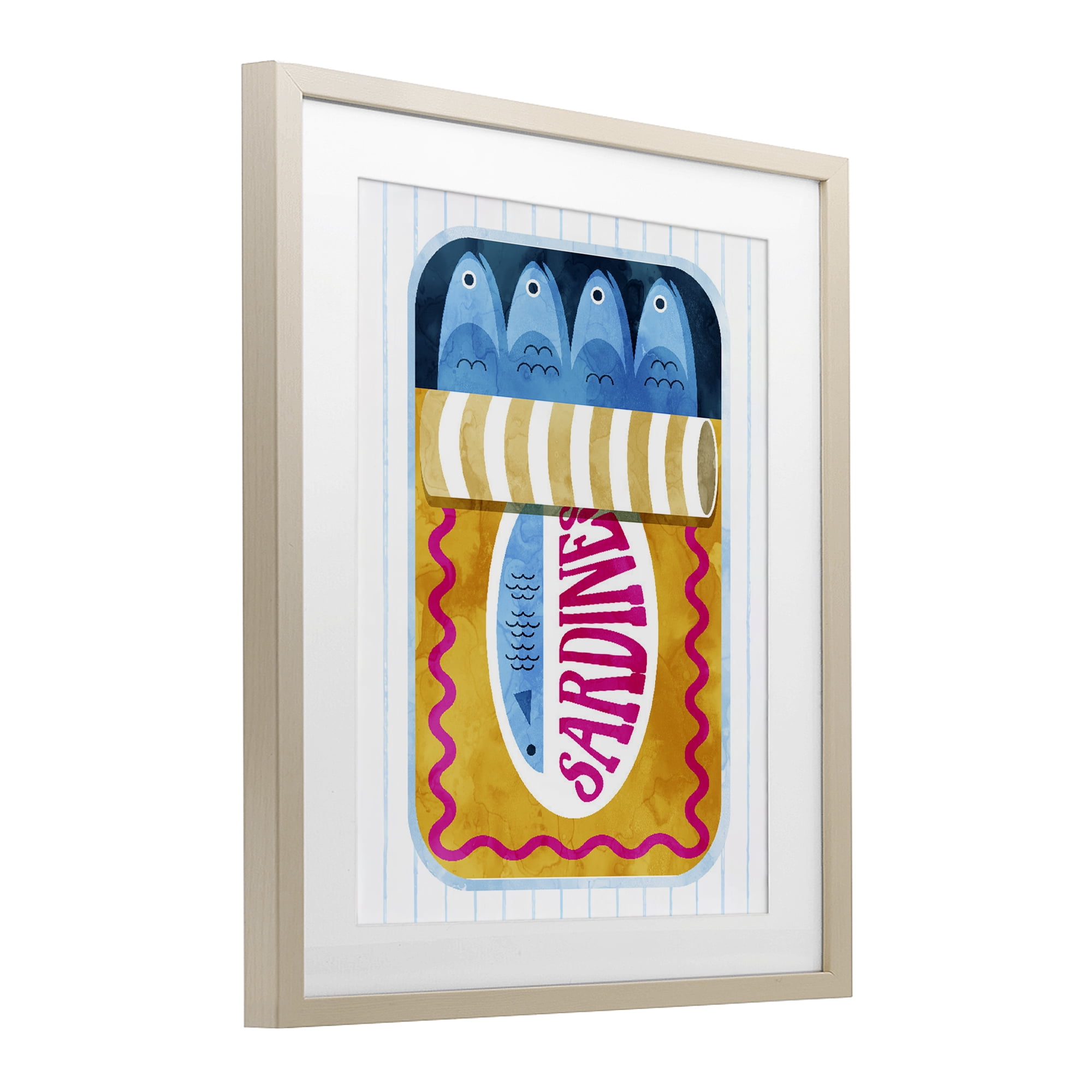 Yellow Sardine Tin over Stripes Birch Framed Print Under Glass, design by Daphne Polselli
