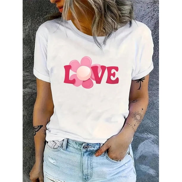 Flower LOVE Print Valentines Day TShirt ,Cotton Soft Breathable Comfort-Fit Crew Neck Tee , ValentCamisetas de verano para mujer, manga corta, cuello redondo, casual, lindo, con gráficos, camisetas